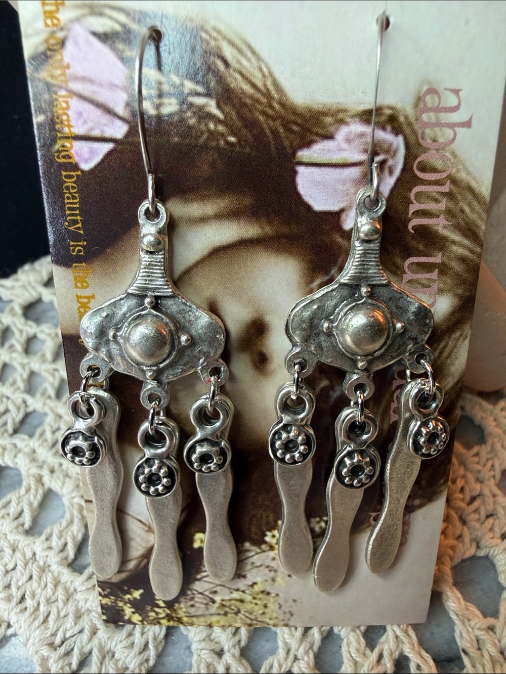 Silver Toned Floral Dangle Earrings - Women's Jewelry - Picture 2 of 3